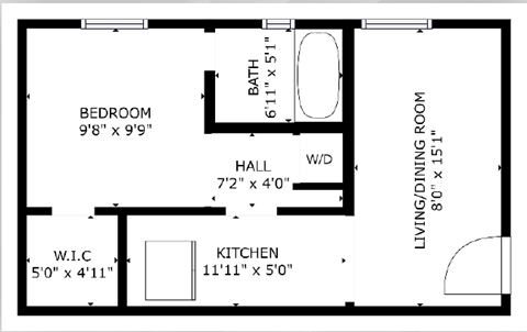 Floor plan for 1 bed, 1 bath, 400 sqft